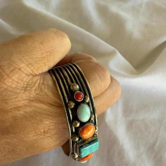A. Jake Navajo Bracelet Turquoise & Coral Stone Sterling Silver Bracelet 7” NWOT - Picture 9 of 11